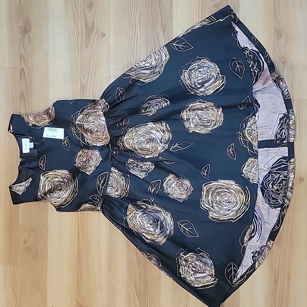 Children's Place Black Gold Pink Metallic Floral Party Holiday Dress Sz 10 NWT